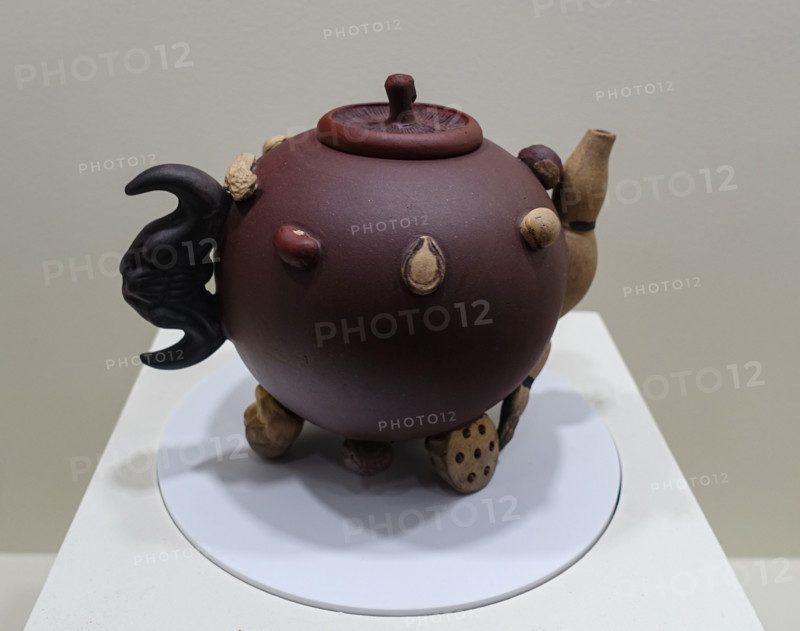 Teapot with images of nuts, a lotus seed pod with stem, a bat, and a mushroom.