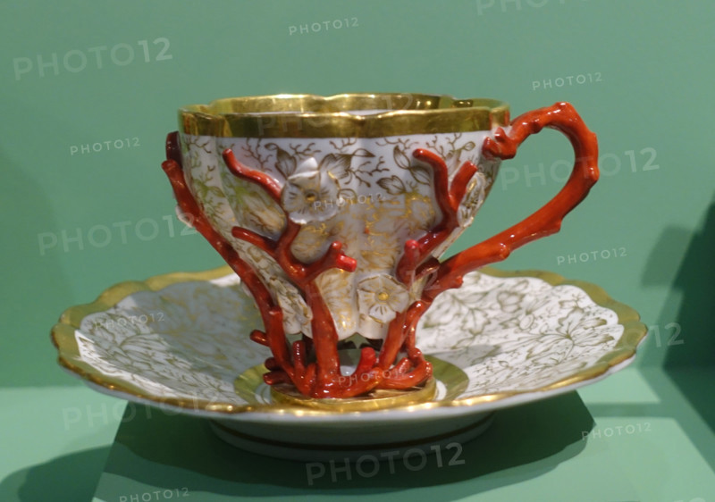 Cup and saucer. Tea set with corals.