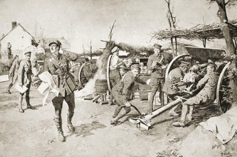 British artillery units manning guns at the front.