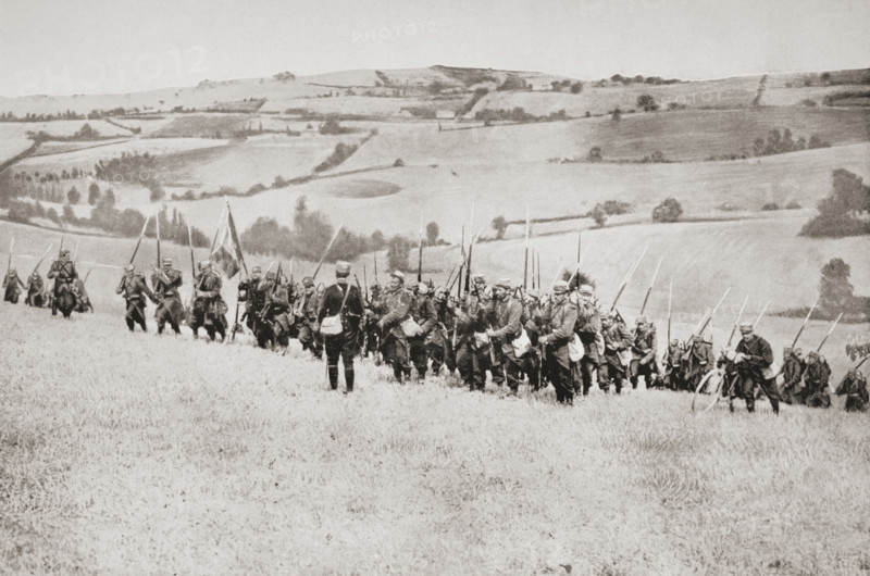 French infantry advancing through farmland in north-eastern France.