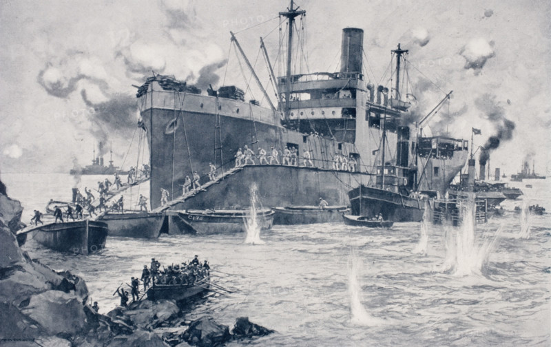British troops landing from the 2000 ton collier River Clyde at Seddul Bahr Gallipoli Turkey April 25th 1915.