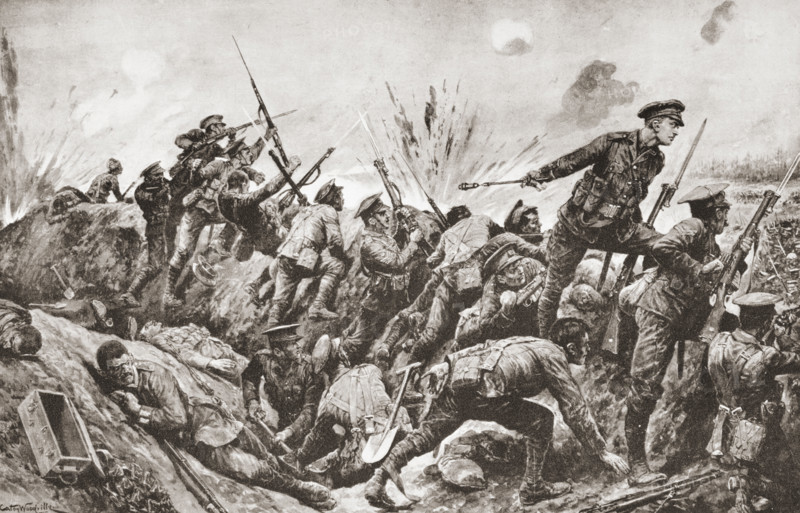 Second-Lieutenant G.H. Woolley winning Victoria Cross in the defense of Hill 60 with his men.  First man from the Territorial Army to win the VC.