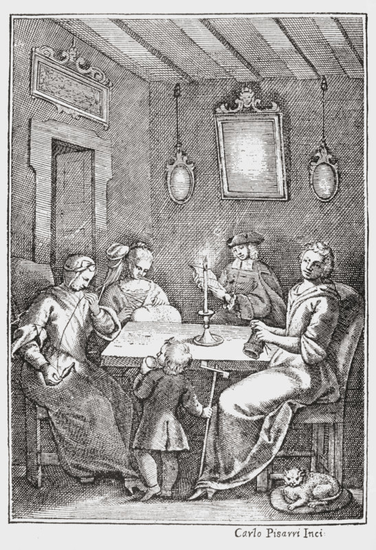 Frontspiece of the 1742 Bolognese edition of The Pentamerone of Giambattista Basile showing the Chiaqlira reading the tales to a sewing party.