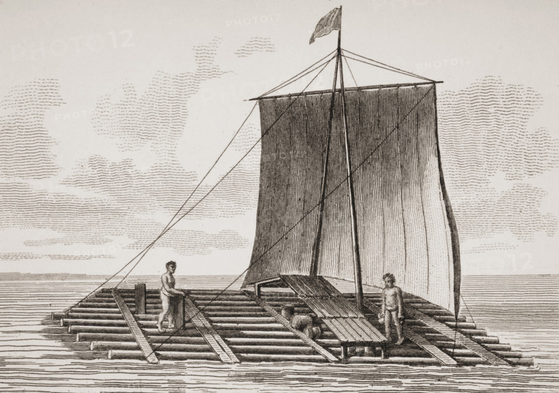 A bolsa wood raft from South America. From a print dated 1820 engraved by Milton after W. Anderson.