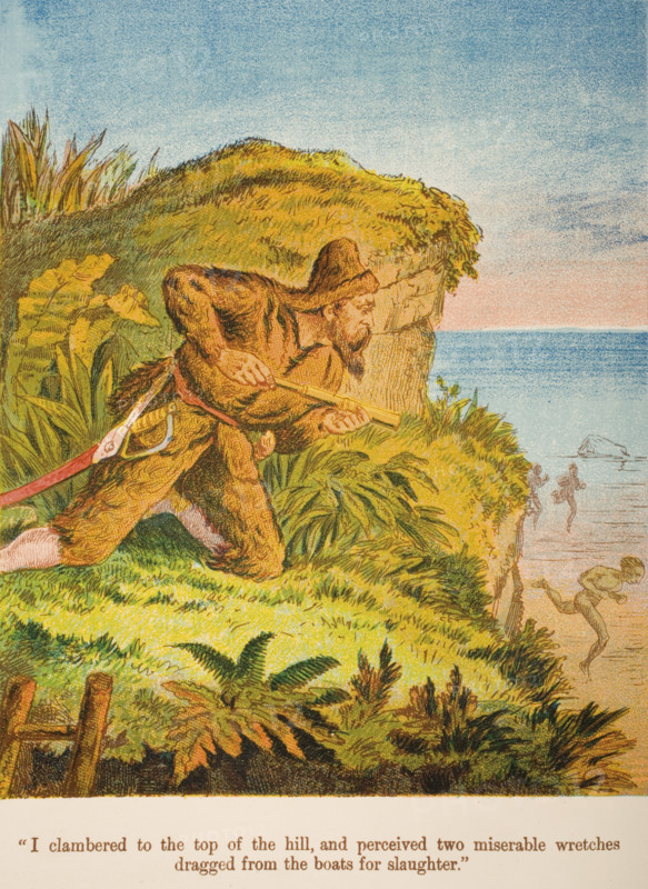 Chromolithographic illustration from Life and Adventures of Robinson Crusoe by Daniel Defoe from a softback edition published circa 1860s.