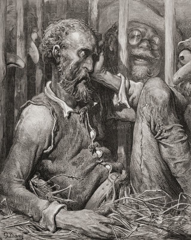 Engraving by Gustave Dore 1832-1883. French artist and illustrator of The Enchantment of Don Quixote from Don Quixote by Miguel de Cervantes Saavedra