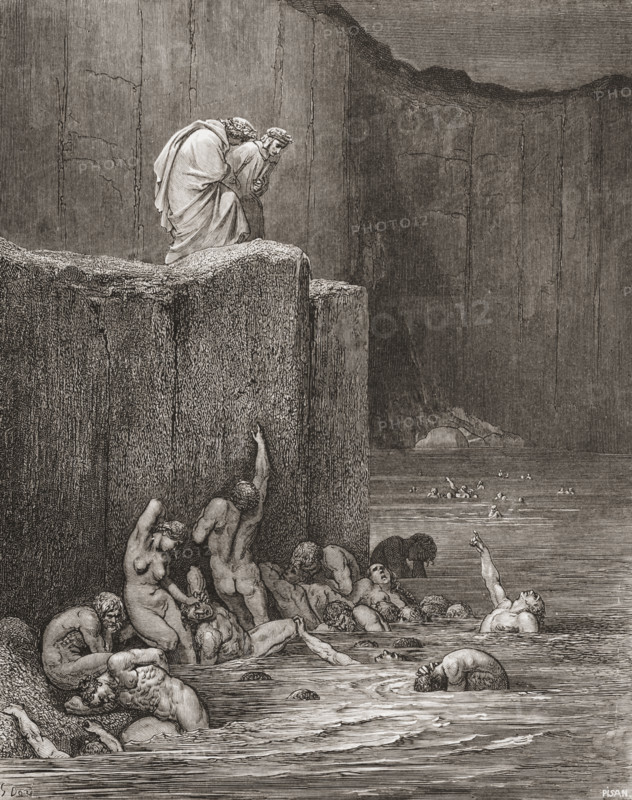 Illustration for Inferno by Dante Alighieri.  Canto XVIII lines 116 and 117 by Gustave Dore