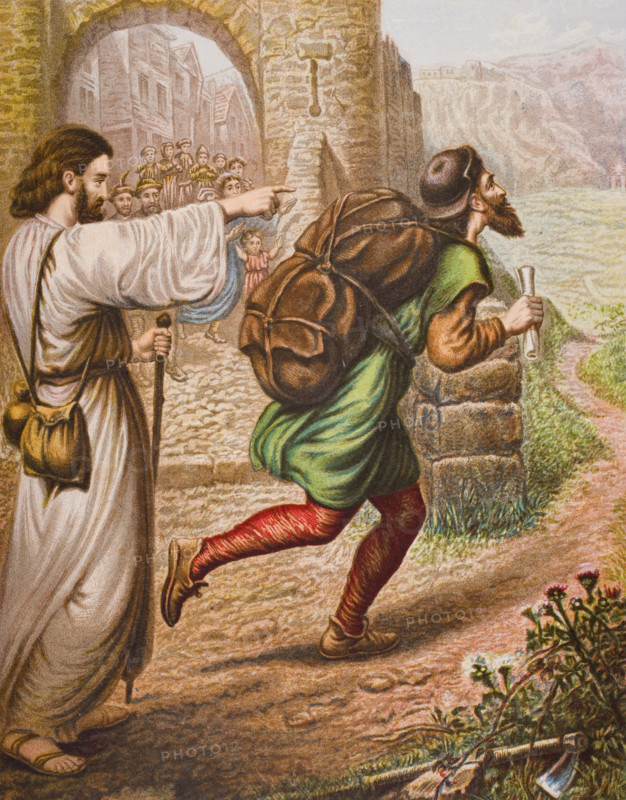 Evangelist directs Christian on his way. From the book 'The Pilgrim's Progress' by John Bunyan