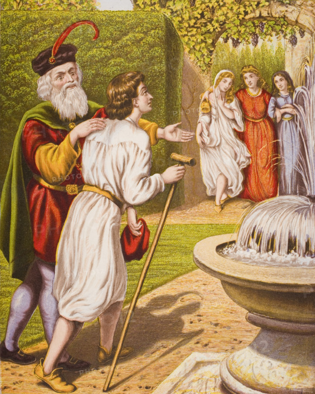 Carnal Security introduces his wife and daughters to Tender Conscience. From the book 'The Pilgrim's Progress' by John Bunyan
