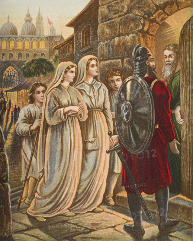 The Pilgrims at the house of Mnason. From the book 'The Pilgrim's Progress' by John Bunyan