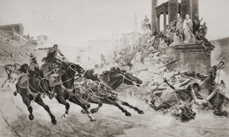 A Roman chariot race.  From the picture by U.Checa from the book The Outline of History by H.G.Wells Volume 1