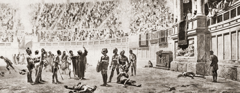The monk Almachis attempting to stop the gladiatorial combat.  From the picture by Professor Ademollo