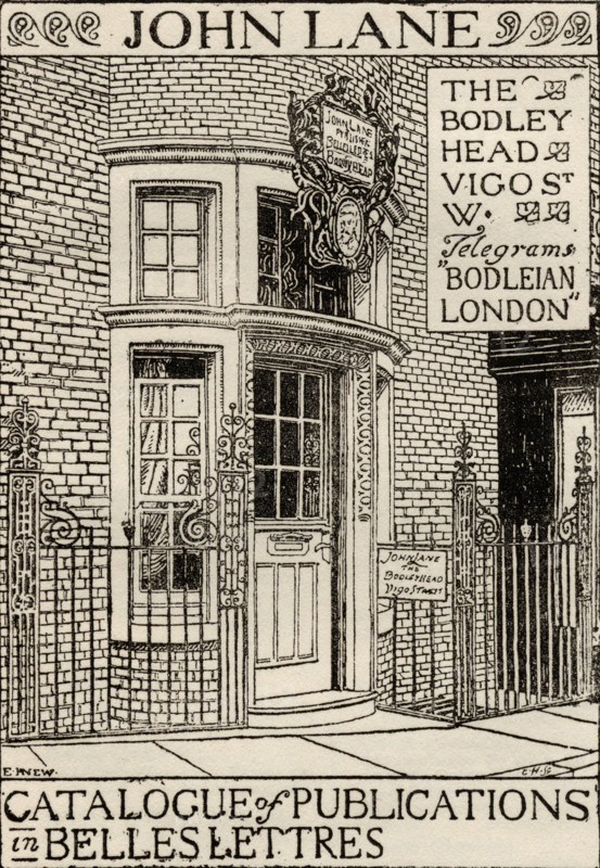 Illustration showing the cover of the 'Catalogue of Publications in Belles Lettres' from John Lane's The Bodley Head publishing house.  From the book 'Pagan Papers' by Kenneth Grahame