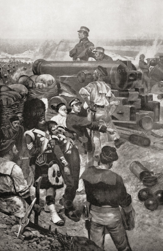 The Naval Brigade at Sebastopol.  From the picture by R. Caton Woodville. From the book 'V.R.I. Her Life and Empire' by The Marquis of Lorne