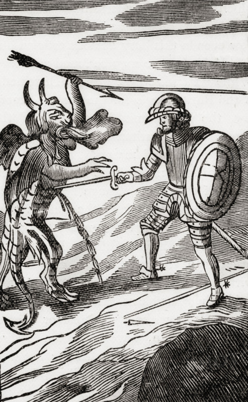 Christian and Apollyon. (Angel of the Abyss).  From the 13th edition of 'The Pilgrim's Progress'