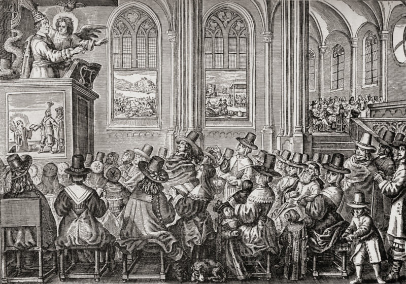 Oliver Cromwell,1599-1658.  English soldier and statesman. Oliver Cromwell preaching to a Puritan congregation. From a Dutch satirical print published in 1651.