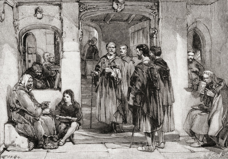 Travellers seeking refreshment:scene at the gate of a monastery.