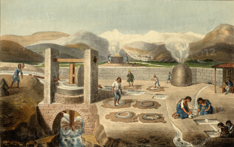 Silver and Copper Works in South America.  Sketched by P.S. on stone by G. Scharf.
