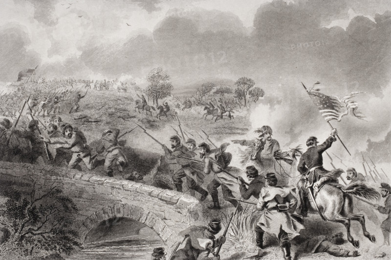 Battle of Antietam near Sharpsburg Maryland 1862.  Taking of the Bridge on Antietam Creek. Artist F.O.C. Darley.
