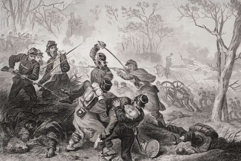 Death of Colonel Edward D. Baker at the Battle of Balls Bluff Virginia 1861. Baker was a sitting US senator.  Artist F.O.C. Darley.