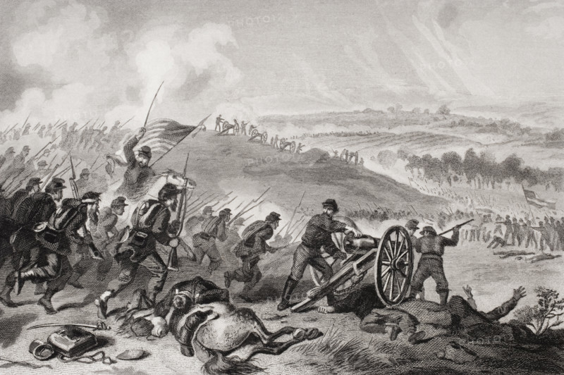 Battle of Gettysburg Pennsylvania July 1863. Final charge of the Union forces at Cemetery Hill.