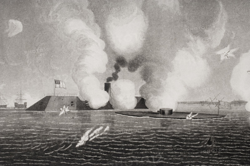 First naval combat between iron vessels. The Confederate CSS Virginia formerly the Merrimack left and the Union USS Monitor right at Hampton Roads Virginia.