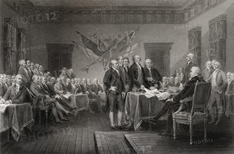 The Declaration of Independence July 1776.  From a 19th century print engraved by W Greatbach after J Trumbull.