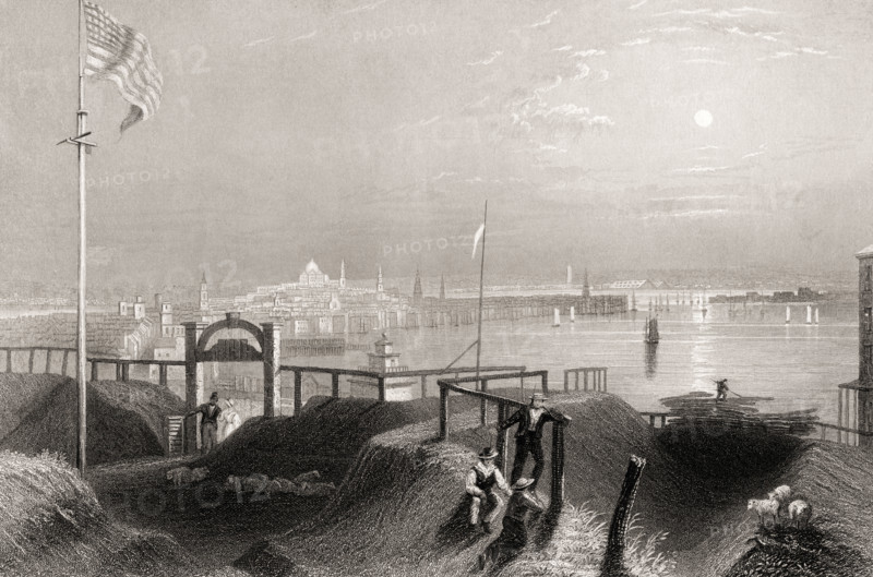 Boston Massachusetts USA from the Dorchester Heights in the 19th century  Engraved by J T Willmore after W H Bartlett.