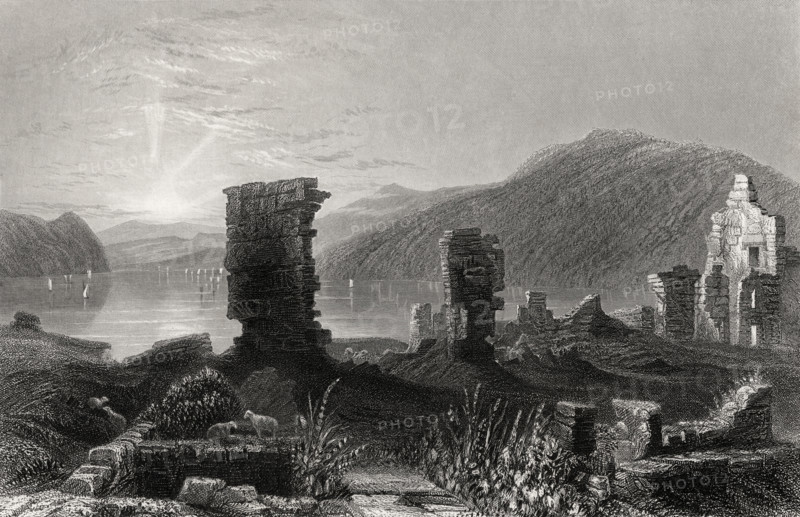 View of the ruins of Fort Ticonderoga.  From a 19th century print engraved by T A Prior after W H Bartlett.