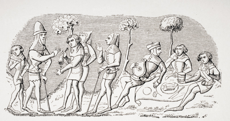 Hunting meal. 19th century reproduction of miniature in manuscript of Livre du Roy Modus.
