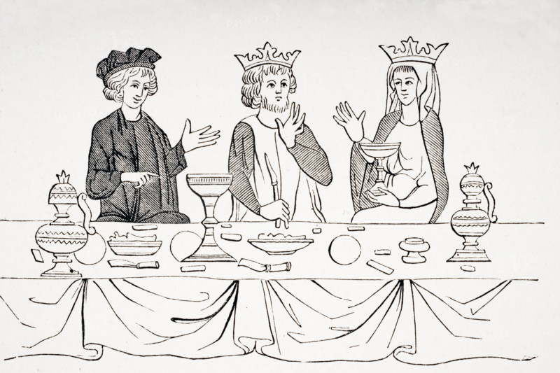 The table of a baron as laid out in the 13th century. 19th century reproduction of miniature from Histoire de St. Graal.