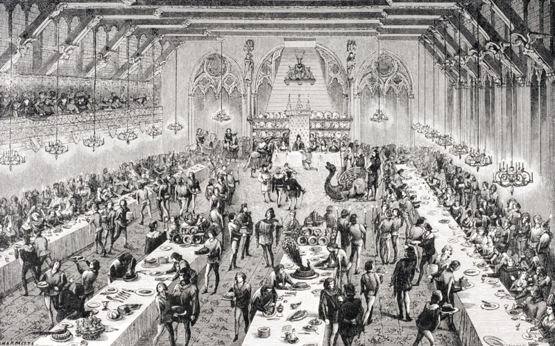 Grand ceremonial banquet at the French court in 14th century. 19th century engraving based on miniatures and narratives of the period. From Dictionnaire du Mobilier Francais by M. Viollet-Leduc.