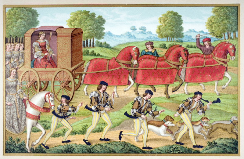 Ladies Hunting. 19th century reproduction of 15th century miniature in manuscript copy of Ovid´s Epistles.