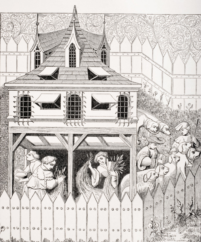 Kennel in which dogs should live and how they should be kept.  19th century reproduction of 15th century miniature in the Manuscript of Phoebus.
