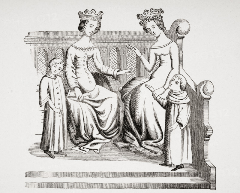 Dress of noble ladies and children in the 14th century. From miniature in Merveilles du Monde.