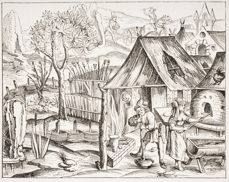Cultivation of grain by peasants and manufacture of barley and oat bread. 19th century reproduction of a woodcut from an edition of Virgil published at Lyons in 1517.