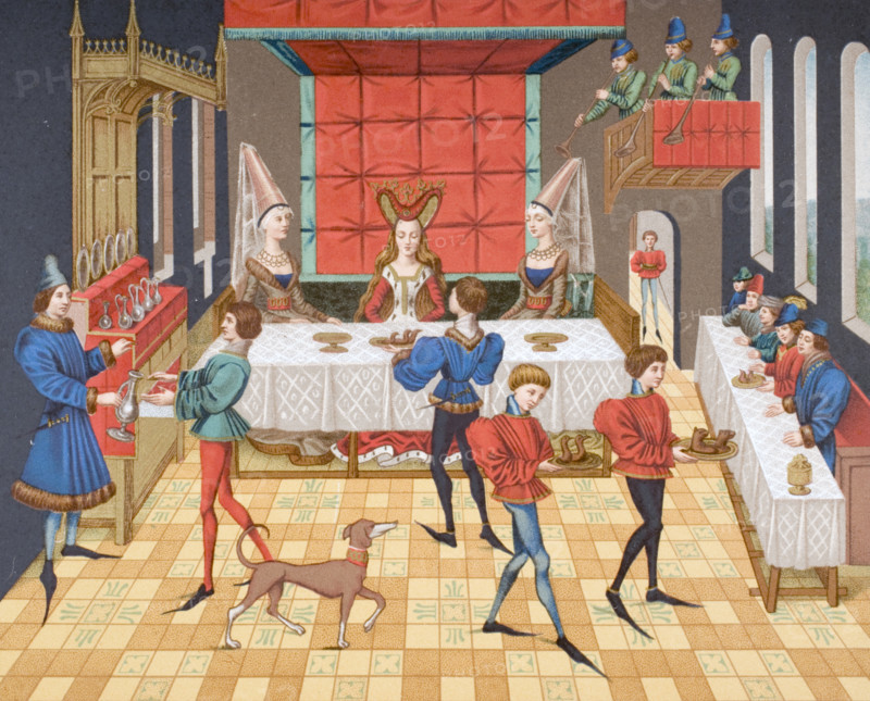 Table service of a lady of quality. 19th century reproduction of 15th century miniature from Romance of Renaud de Montauban.