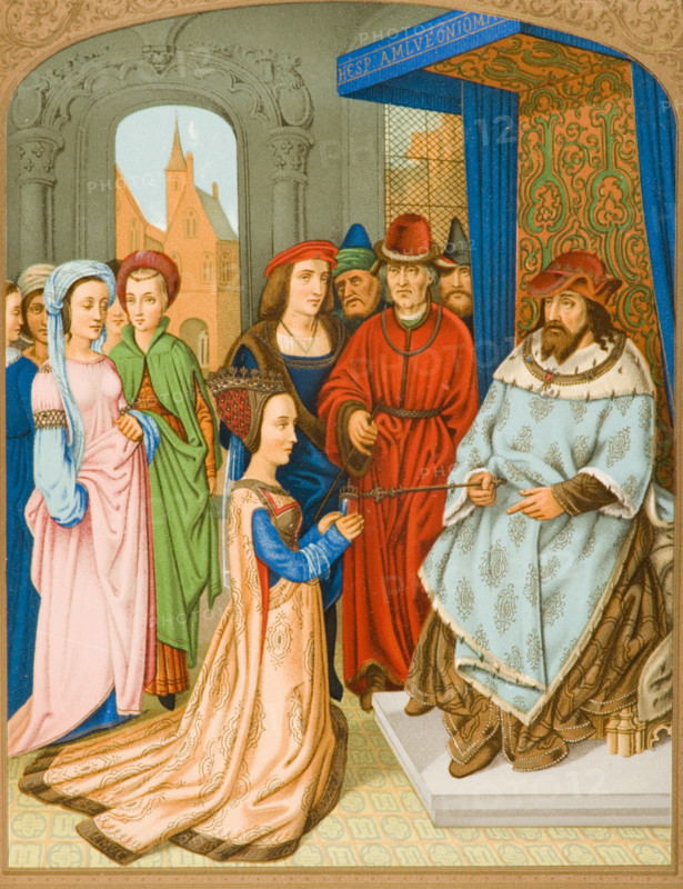The Queen of Sheba before Solomon. 15th century costume. Facsimile of miniature from Breviary of Cardinal Grimaldi attributed to Memling in Library of San Marco Venice.