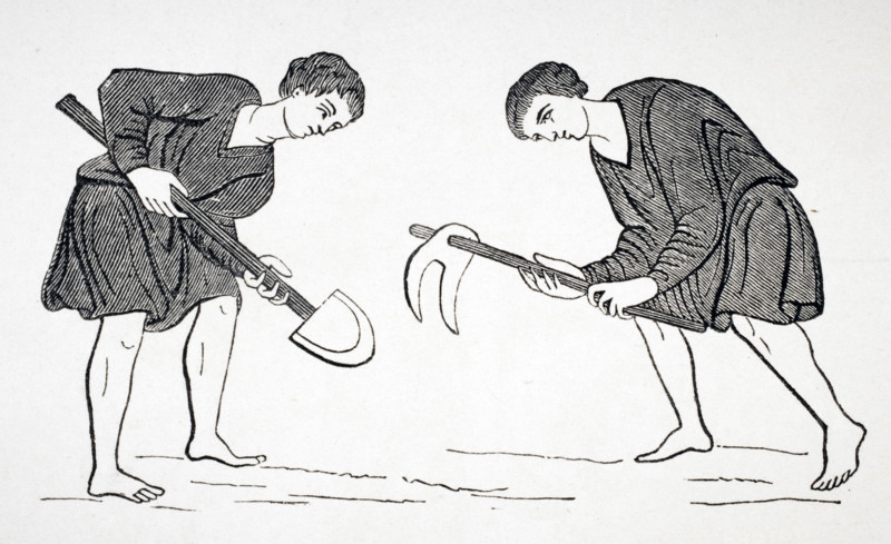 Serfs labouring in fields with hoe and spade after a miniature in 12th century manuscript.
