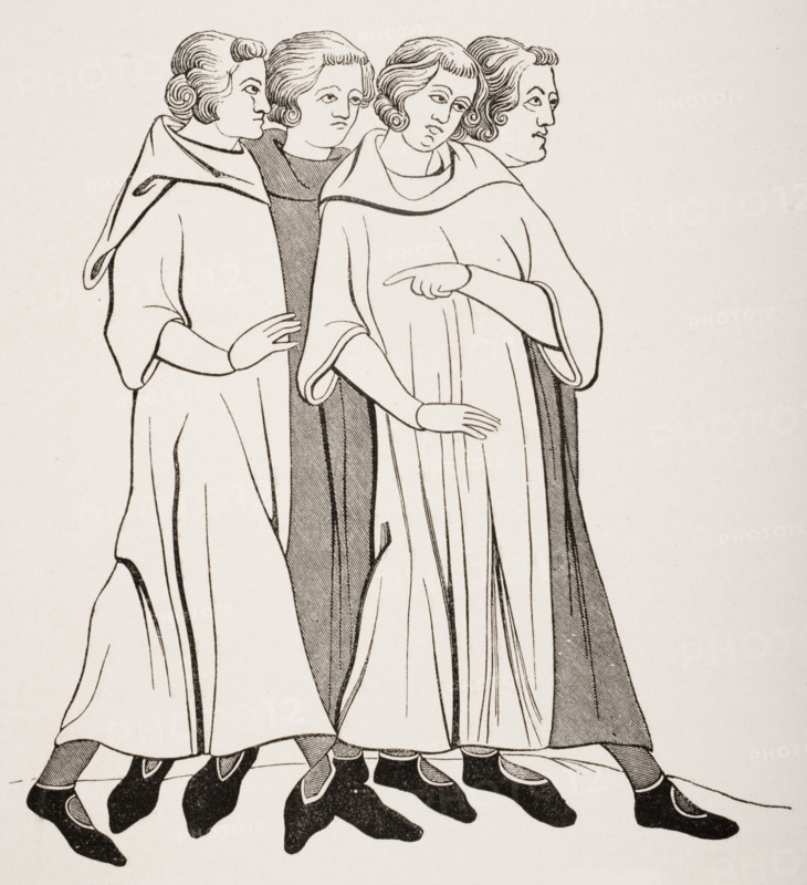 Group of 13th century bourgeois from miniature in 13th century manuscript.