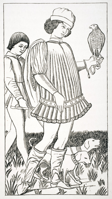 Italian nobleman of the fifteenth century holding hawk. From a playing card engraved on copper circa 1460.