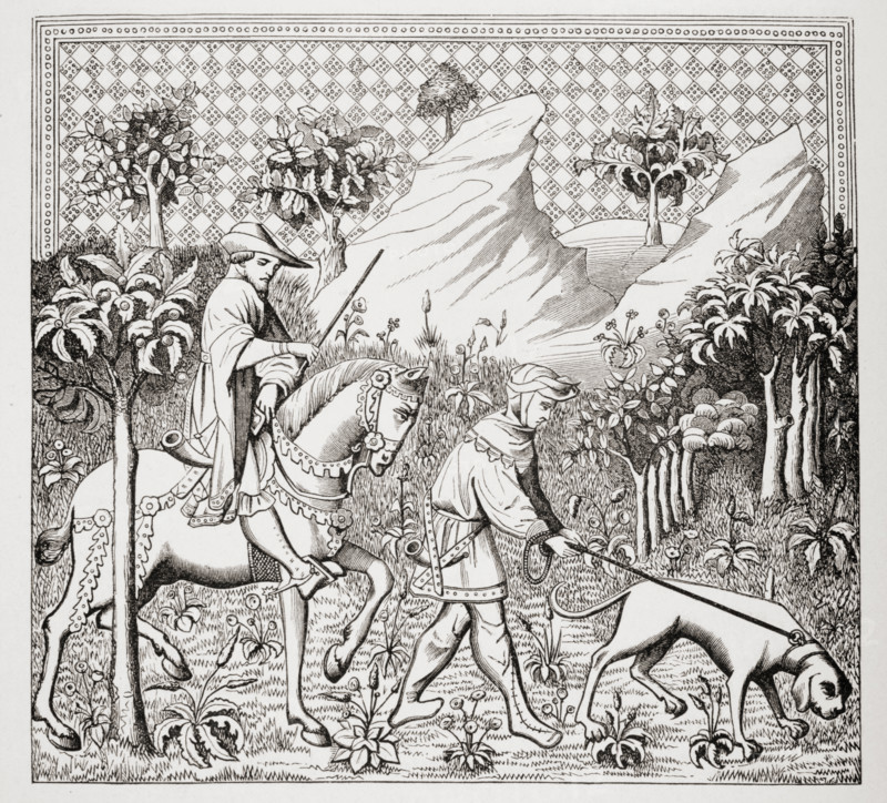 Nobleman in hunting costume with his servant and dog. From 14th century miniature from Des Deduitz de la Chasse des Bestes Sauvaiges by Gaston Phoebus.