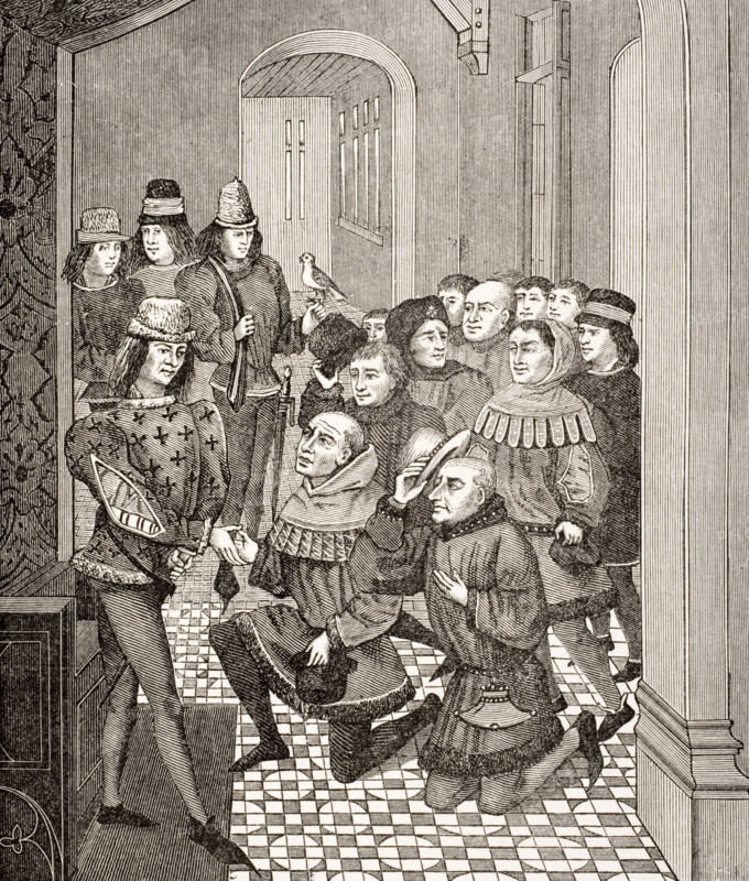 Deputies of the Ghent Burghers beg pardon from Louis II for their revolt against him in 1397. Based on miniature from a book by Froissart.