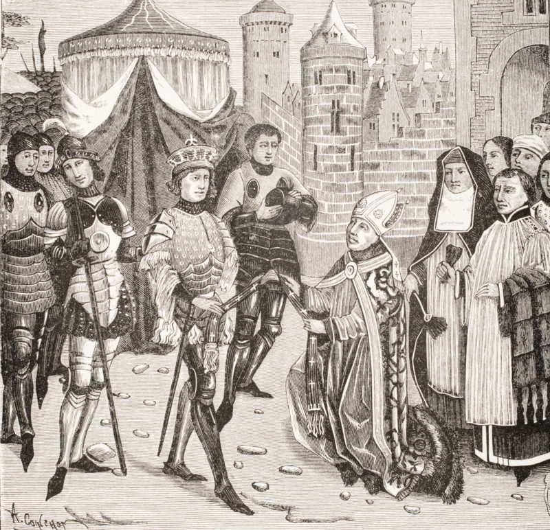 St Remy Bishop of Rheims begs of King Clovis the return of a sacred vase stolen by the Franks during Pillage of Soissons. Costumes of 15th century Court of Burgandy. From miniature on manuscript of History of the Emperors.