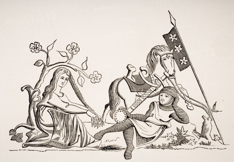 Woman under the safeguard of Knighthood. Allegorical scene with costume from end of 15th century from miniature in Latin Psalm book.