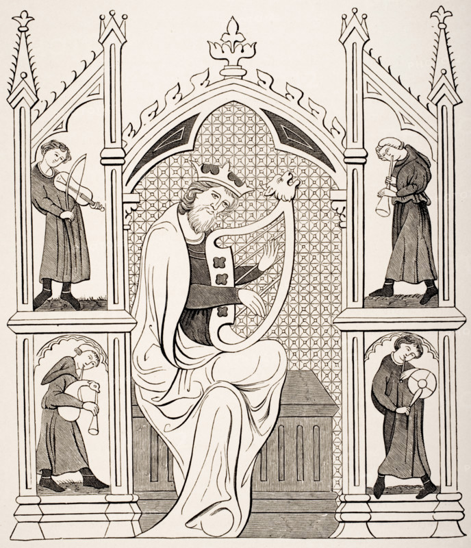 King David playing on the lyre surrounded by four musicians.  All wearing costumes of the 13th century. From miniature in a manuscript psalter.
