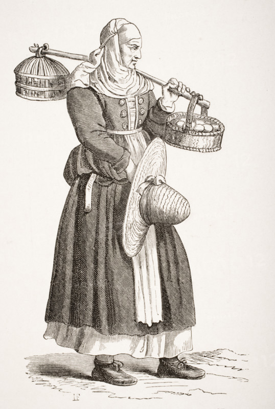 A dealer in eggs. 19th century copy of 16th century woodcut by Cesare Vecellio.