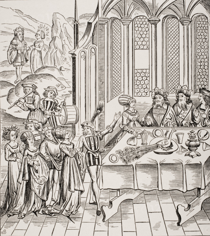 Serving the Peacock at a State Banquet. 19th century copy of woodcut in edition of Virgil published in Lyon 1517.