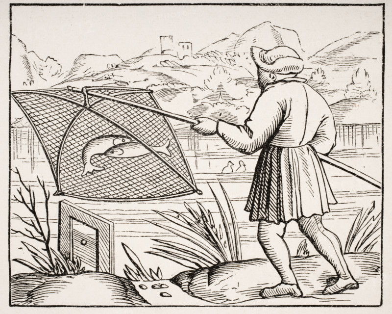 The Pond Fisherman. 19th century copy of woodcut in Cosmographie Universelle dated 1549.