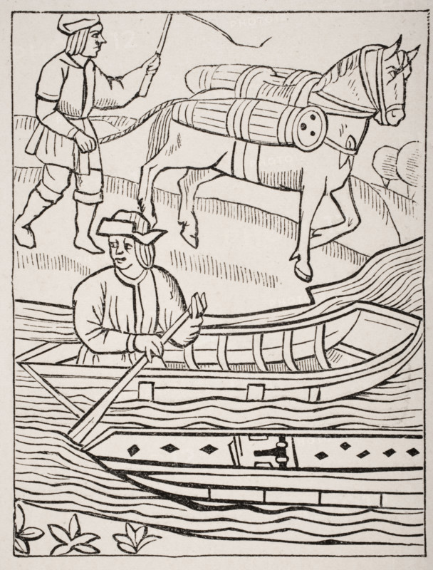 Conveyance of fish by water and land. 19th century copy of engraving in the Royal Statutes of the Provostship of Merchants 1528.